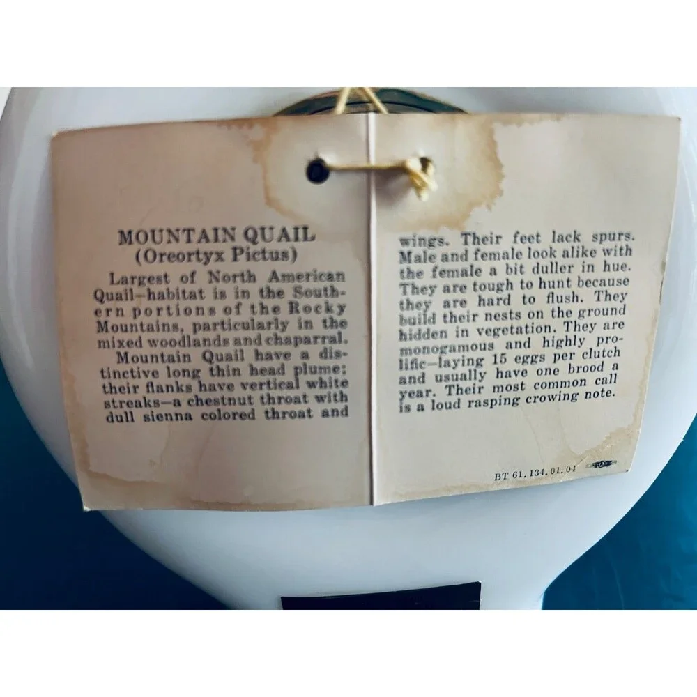 JW DANT Field Birds Decanter Series #4 Milk Glass Mountain Quail by Singer 1969
